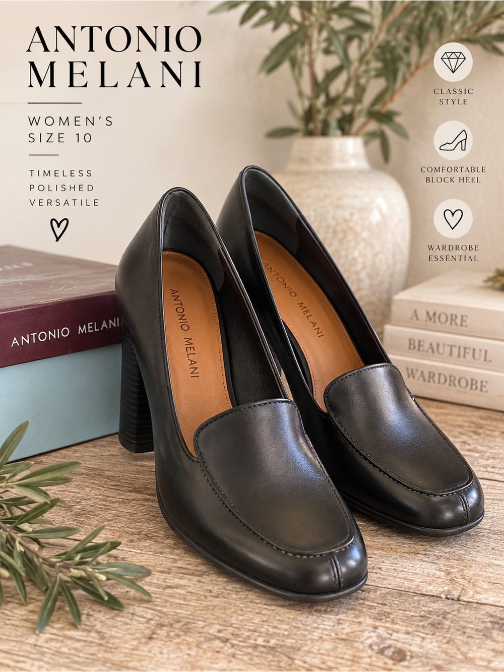 Antonio Melani Black Leather Loafer Pumps Block Heel Size 10M NIB